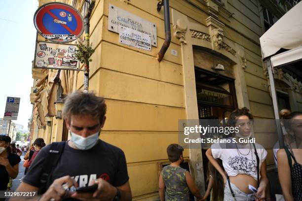 General view of protest demonstration of the Piazza Carlo Giuliani Committee in Piazza Alimonda on July 20, 2021 in Genoa, Italy. Activists are...
