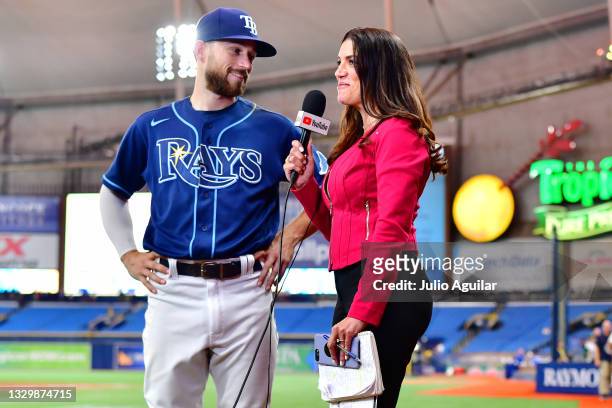 Alanna Rizzo of the MLB network interviews Brandon Lowe of the Tampa Bay Rays on Youtube after the Rays defeated the Baltimore Orioles 9-3 at...
