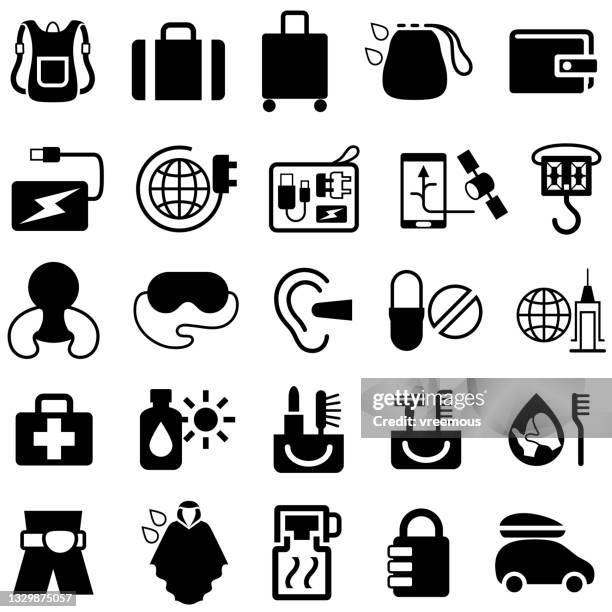 stockillustraties, clipart, cartoons en iconen met travel accessories and products icons - oorbeschermer