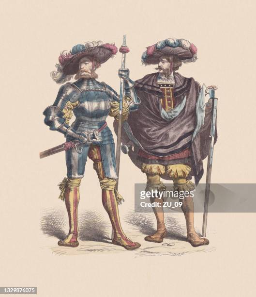 16th century, german lansquenets, hand-colored wood engraving, published ca. 1880 - team captain stock illustrations