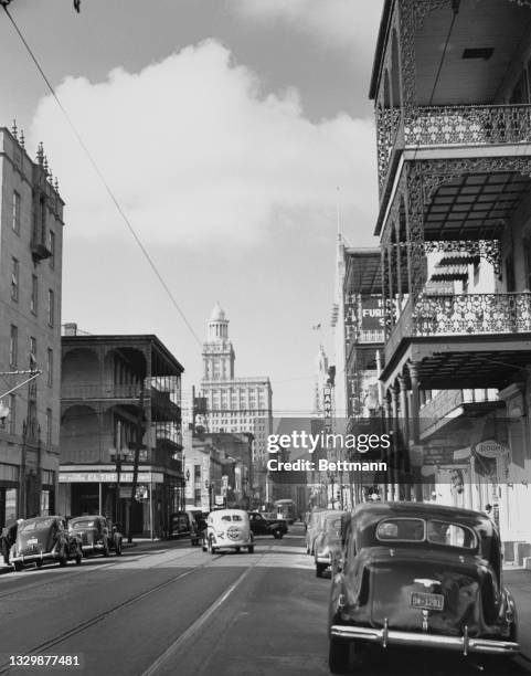 View down Carondelet Street towards the Hibernia Bank Building , New Orleans, Louisiana, USA, circa 1937.