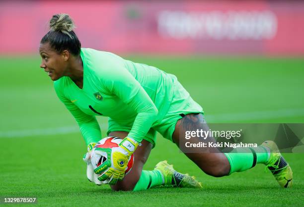 Barbara of Team Brazil makes a save during the Women's First Round Group F match between China and Brazil during the Tokyo 2020 Olympic Games at...