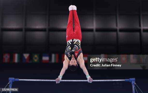 Andreas Toba of Team Germany in a practice session during Men's Podium Training ahead of the Tokyo 2020 Olympic Games at Ariake Gymnastics Centre on...