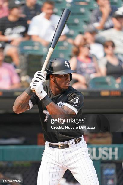 Tim Anderson of the Chicago White Sox bats against the Minnesota Twins at Guaranteed Rate Field on July 19, 2021 in Chicago, Illinois.