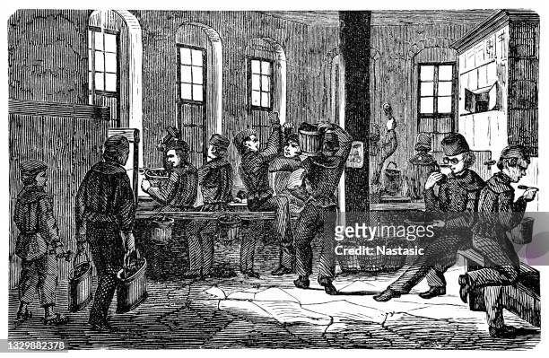 dividing ores  ,boys from the age of 14. by hand you separate the richer ores from the dead rock with which it breaks in the mine on the ore veins. - industrial revolution stock illustrations