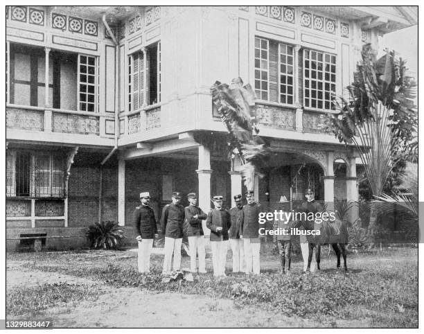 stockillustraties, clipart, cartoons en iconen met antique black and white photograph: general charles king and staff, manila, philippines - old manila