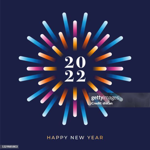 2022 neujahrskarte mit feuerwerk. winterurlaub design-vorlage. - knallkörper stock-grafiken, -clipart, -cartoons und -symbole