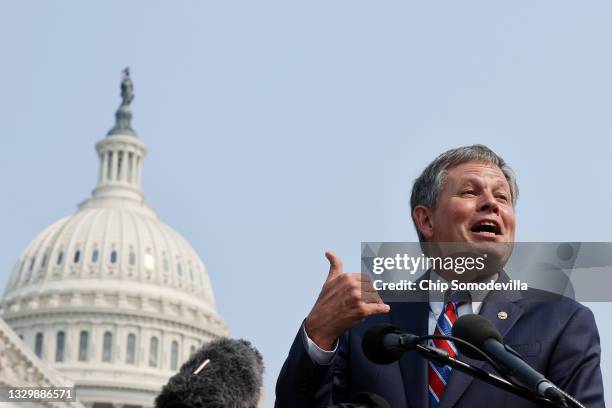 Sen. Steve Daines talks to reporters while announcing new anti-abortion legislation outside the U.S. Capitol on July 21, 2021 in Washington, DC....