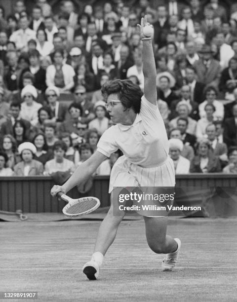 Billie Jean Moffitt of the United States plays a back hand return to Margaret Court of Australia during their Women's Singles Final match at the...