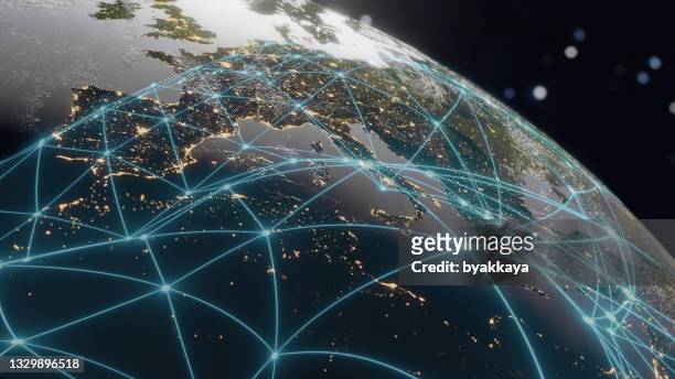 pianeta terra di notte connessioni globali, - comunicazione globale foto e immagini stock