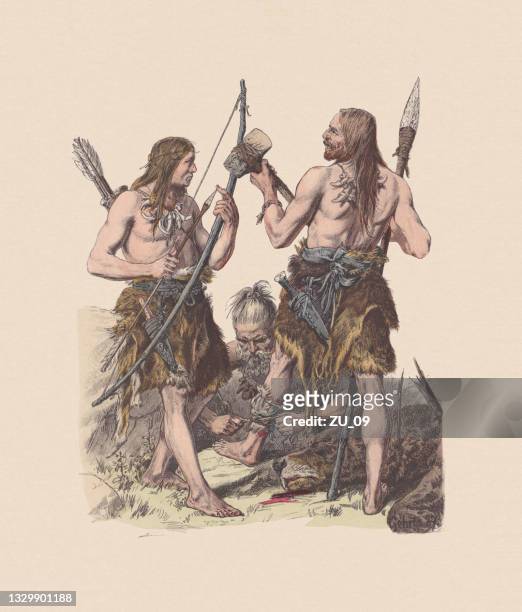 germanic peoples during the stone age, hand-colored woodcut, published c.1880 - men in loincloths stock illustrations