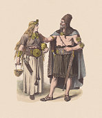 Germanic peoples during the Bronze Age, hand-colored woodcut, published c.1880