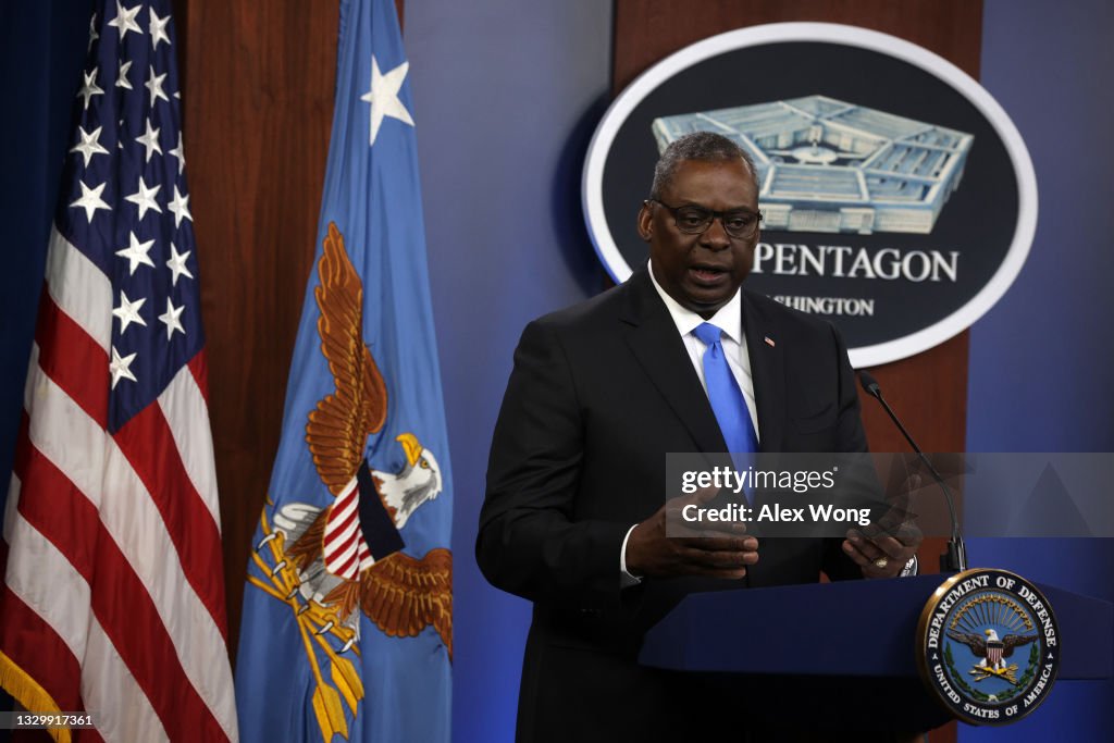 Defense Secretary Lloyd Austin And Joint Chiefs of Staff Chairman Gen. Mark Milley Hold Briefing At Pentagon