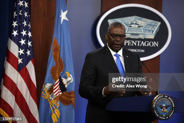 Secretary of Defense Lloyd Austin speaks during a news briefing at the Pentagon July 21, 2021 in Arlington, Virginia. Secretary of Defense Lloyd...