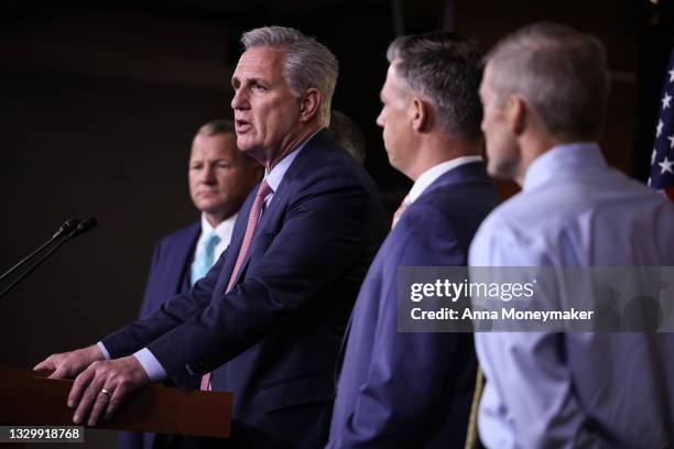 House Minority Leader Kevin McCarthy speaks at a news conference, with Rep. Rodney Davis , Rep. Kelly Armstrong , Rep. Troy Nehls , Rep. Jim Banks...