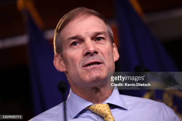 Rep. Jim Jordan speaks at a news conference on House Speaker Nancy Pelosi’s decision to reject two of Leader McCarthy’s selected members from serving...