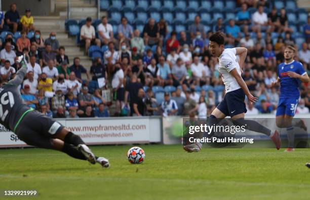 Son Heung-Min of Tottenham Hotspur scores their team's first goal during the Pre-Season Friendly match between Colchester United and Tottenham...