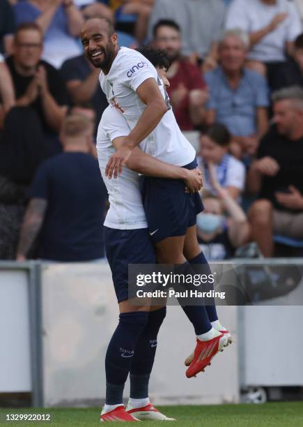 Lucas Moura of Tottenham Hotspur celebrates after scoring their team's second goal during the Pre-Season Friendly match between Colchester United and...