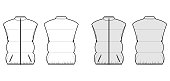 Down vest puffer waistcoat technical fashion illustration with sleeveless, stand collar, pockets, oversized, hip length