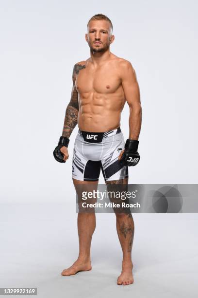 Dillashaw poses for a portrait during a UFC photo session inside UFC APEX on July 21, 2021 in Las Vegas, Nevada.
