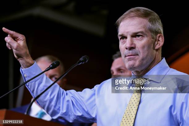 Rep. Jim Jordan speaks at a news conference on House Speaker Nancy Pelosi’s decision to reject two of Leader McCarthy’s selected members from serving...