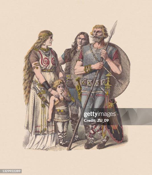 germanische völker, 3. bis 4. jahrhundert, handkolorierte holzschnitte, erschienen um 1880 - deutsche kultur stock-grafiken, -clipart, -cartoons und -symbole