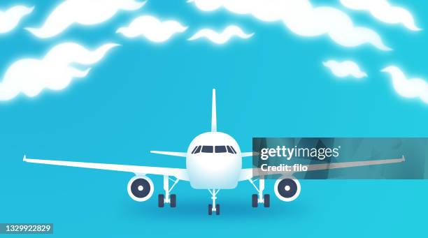 flugreiseflugzeug mit wolken - plane wing stock-grafiken, -clipart, -cartoons und -symbole