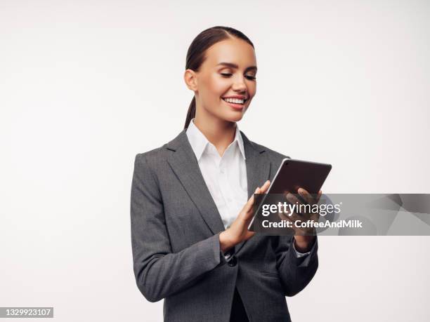 young business woman - laptop isolated stock-fotos und bilder