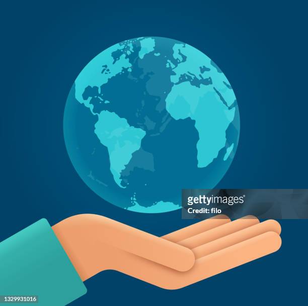 earth globe in open hand - 3d hand stock illustrations