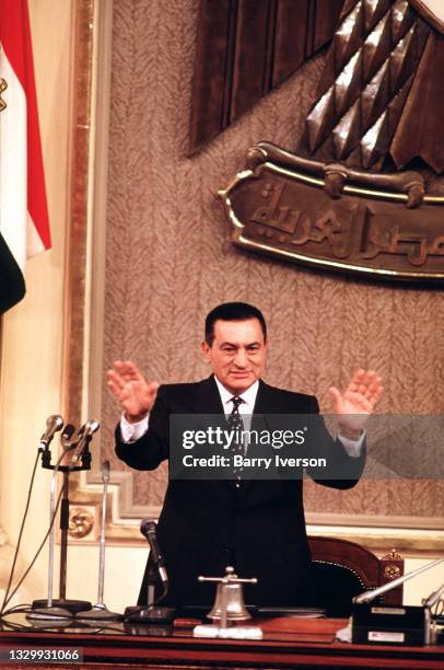 Egyptian President Hosni Mubarak delivers his annual address at the opening session of Parliament, Cairo, October, 1992.