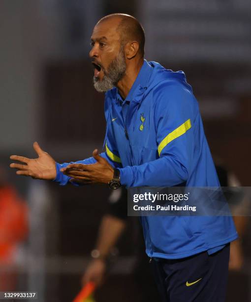 Nuno Espirito Santo, Manager of Tottenham Hotspur reacts during the Pre-Season Friendly match between Colchester United and Tottenham Hotspur at...