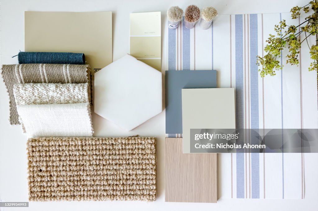 Mood board, sample board, and furniture board concept with samples for interior design arranged in a scheme