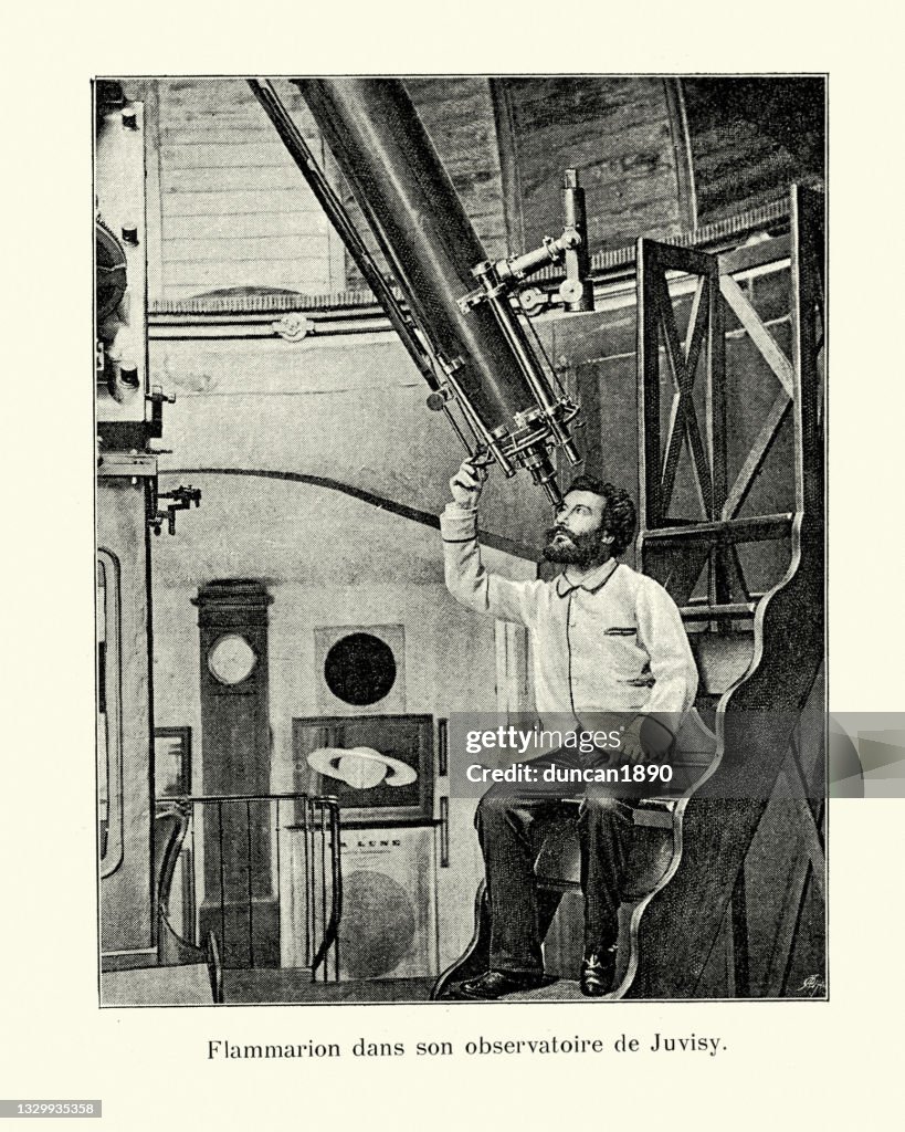 Camille Flammarion, French astronomer, looking through telescope at Observatory at Juvisy-sur-Orge, 1890s