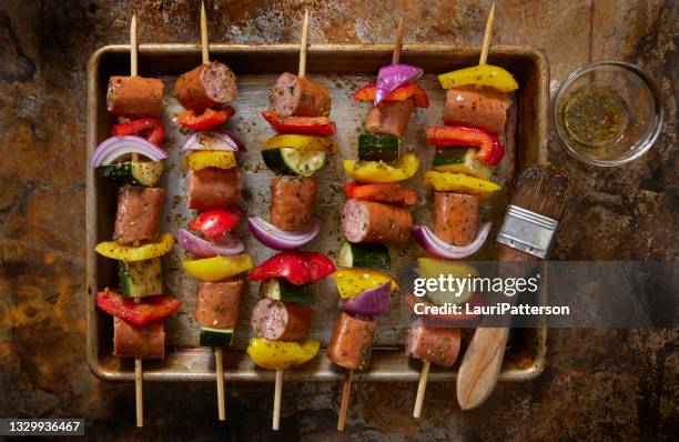 italian sausage and pepper kebabs - skewer stock pictures, royalty-free photos & images