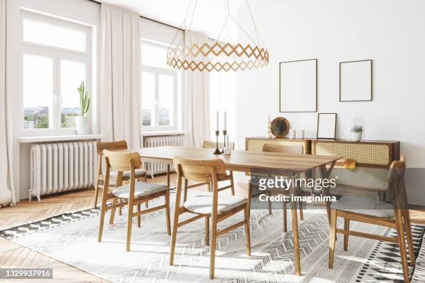scandinavian domestic dining room interior - huis interieur stockfoto's en -beelden