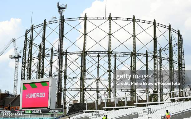 The gasometer and the scoreboard before The Hundred match between Oval Invincibles and Manchester Originals at The Kia Oval on July 21, 2021 in...