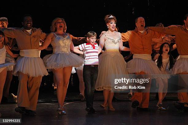 Tade Biesinger attends curtain call at the "Billy Elliot" 3 years on Broadway celebration at the Imperial Theatre on November 15, 2011 in New York...