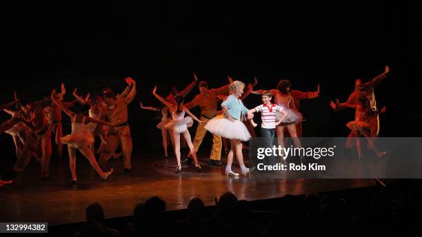 Katherine McGrath and Tade Biesinger attend curtain call at the "Billy Elliot" 3 years on Broadway celebration at the Imperial Theatre on November...