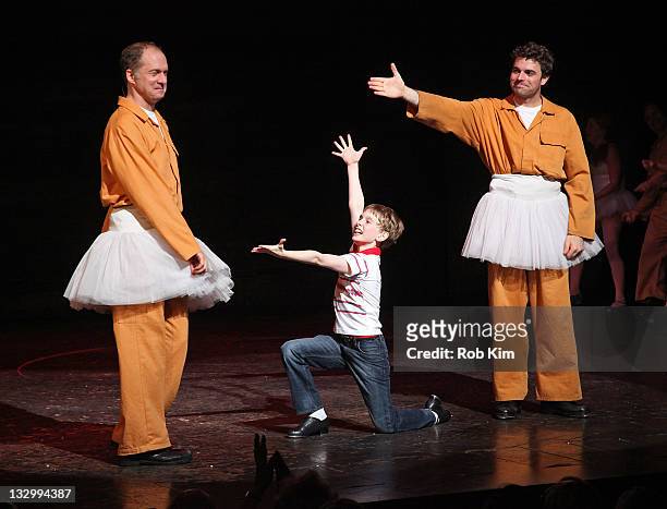 Daniel Jenkins, Tade Biesinger and Patrick Mulvey attend curtain call at the "Billy Elliot" 3 years on Broadway celebration at the Imperial Theatre...