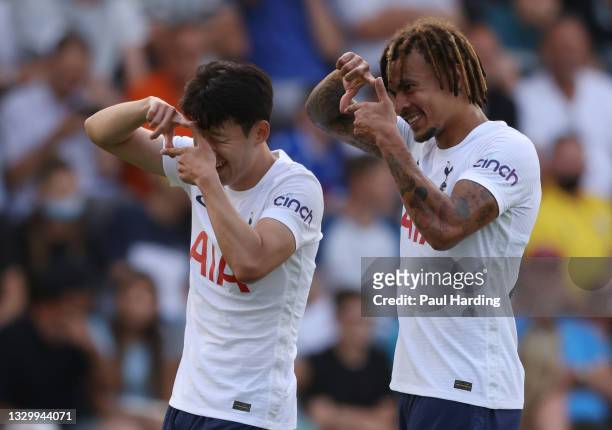 Son Heung-Min of Tottenham Hotspur celebrates after scoring their team's first goal with Dele Alli during the Pre-Season Friendly match between...