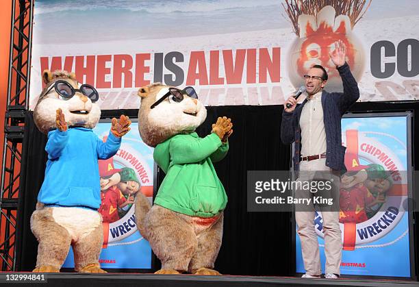Actor Jason Lee and Alvin & The Chipmunks characters attend hand/footprint ceremony held at Grauman's Chinese Theatre on November 1, 2011 in...