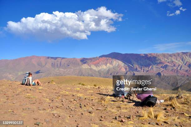 people looking at the landscape. serranía de hornocal, humahuaca, jujuy, argentina. - altiplano stock pictures, royalty-free photos & images