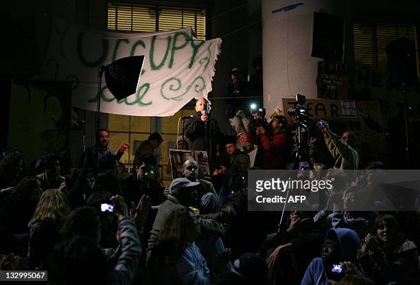 Former US secretary for labor Robert Reich speaks in front of thousands of Occupy Cal protesters, who gathered at Sproul Plaza on campus of...