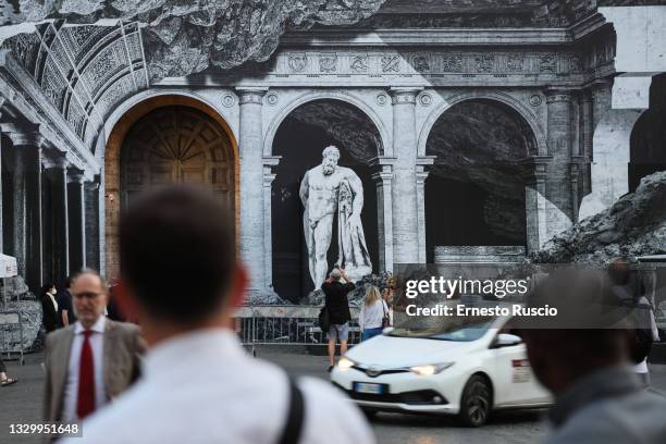 General view during the show of the art installation "Punto di Fuga" by JR on Palazzo Farnese on July 21, 2021 in Rome, Italy. The French street...