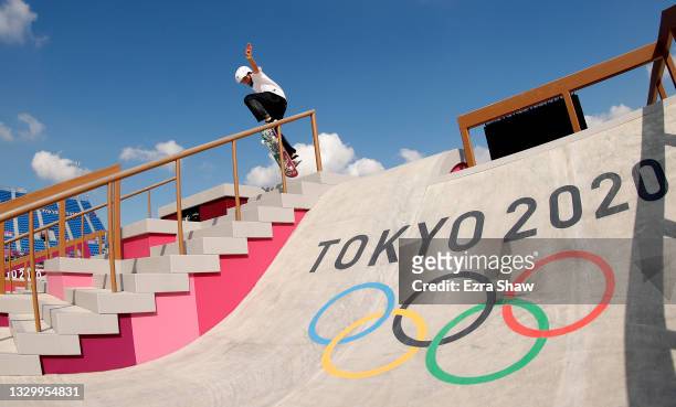Momiji Nishiya of Team Japan practices on the skateboard street course ahead of the 2020 Tokyo Summer Olympic Games at the Ariake Urban Sports Park...