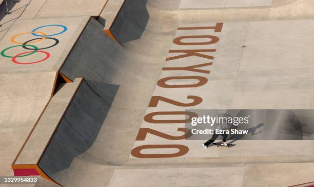 Momiji Nishiya of Team Japan practices on the skateboard street course ahead of the 2020 Tokyo Summer Olympic Games at the Ariake Urban Sports Park...