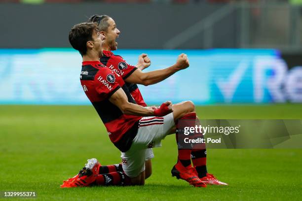 Rodrigo Caio of Flamengo celebrates after scoring the first goal of his team during a round of sixteen second leg match between Flamengo and Defensa...