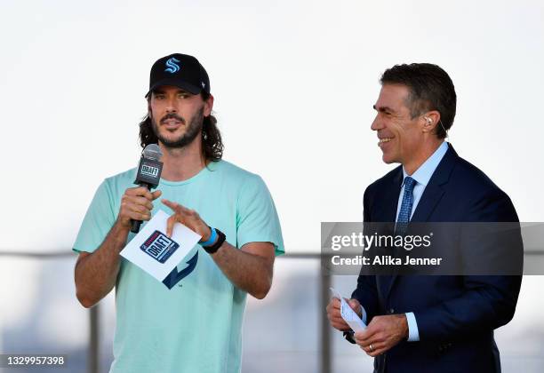 Brad Evans of the Seattle Sounders announces a draft pick during the 2021 NHL Expansion Draft at Gas Works Park on July 21, 2021 in Seattle,...