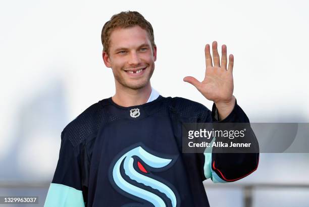 Jamie Oleksiak is selected by the Seattle Kraken during the 2021 NHL Expansion Draft at Gas Works Park on July 21, 2021 in Seattle, Washington. The...