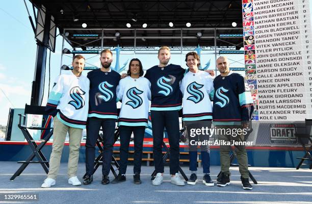 The Seattle Kracken draft picks Jordan Eberle, Chris Driedger, Chris Tanev, Jamie Oleksiak, Haydn Fleury and Mark Giordano following the 2021 NHL...